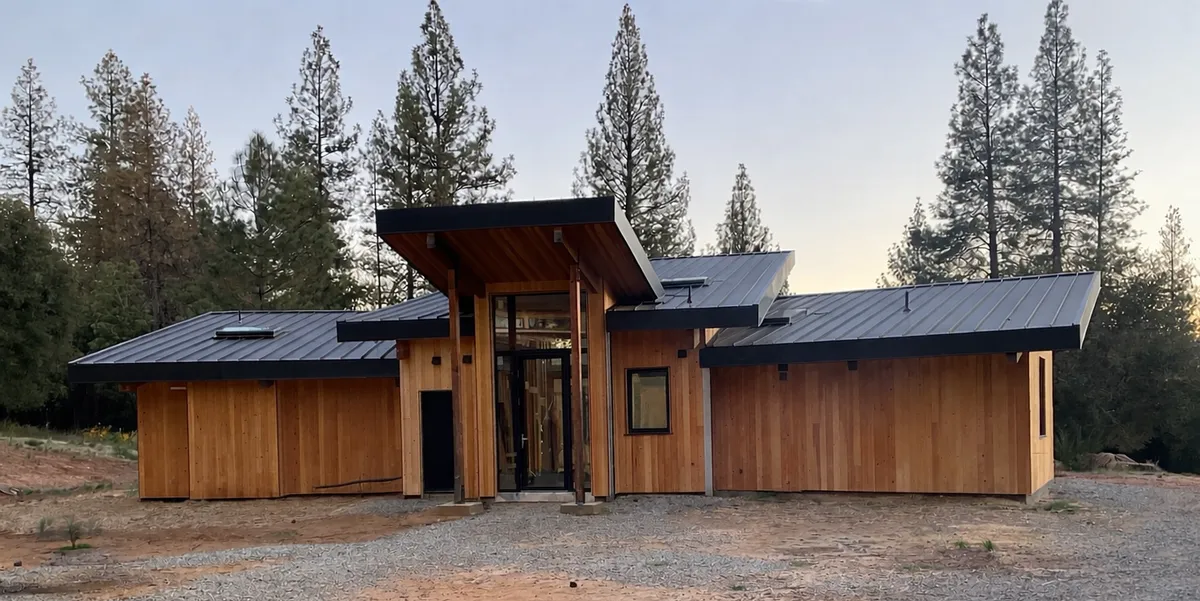 Front of the Butterfly House, wood-clad wings with butterfly roofs among pine trees