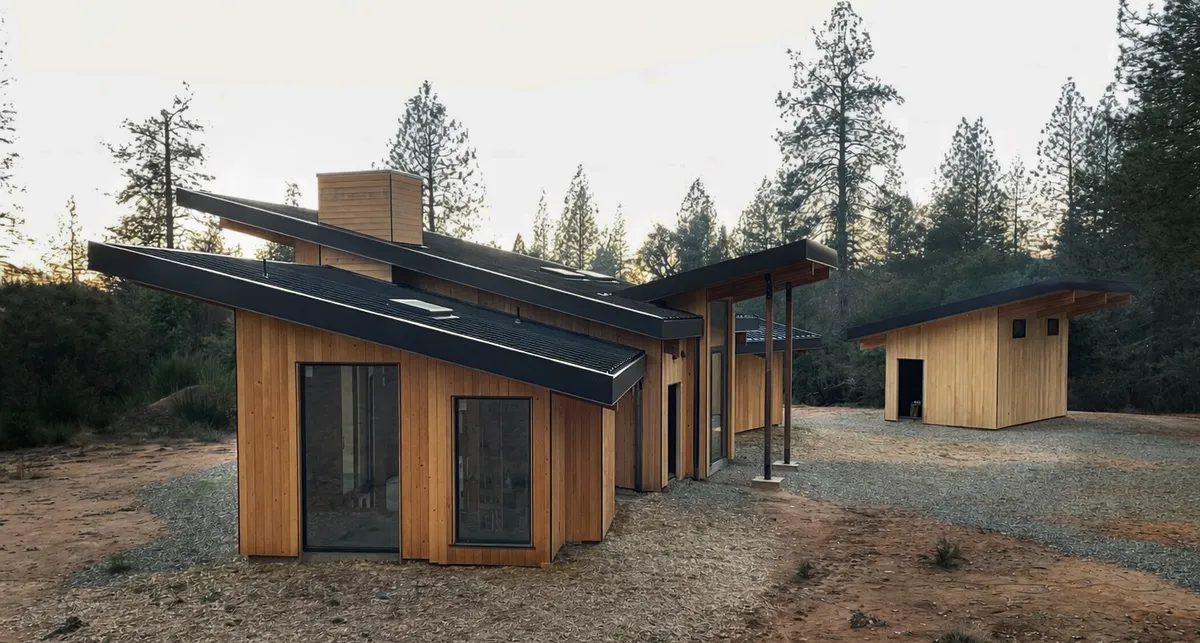 Angled bedroom wings with standing seam metal roofs and vertical wood siding