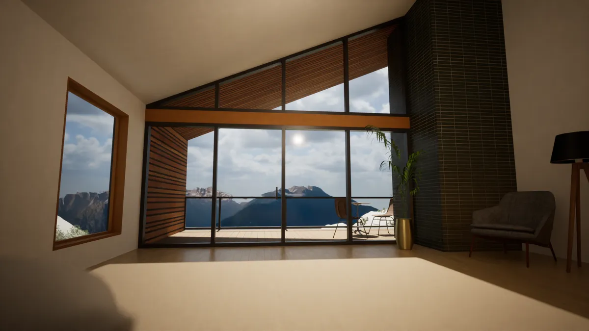 Rendering of a vaulted room with a full-height window wall facing a canyon