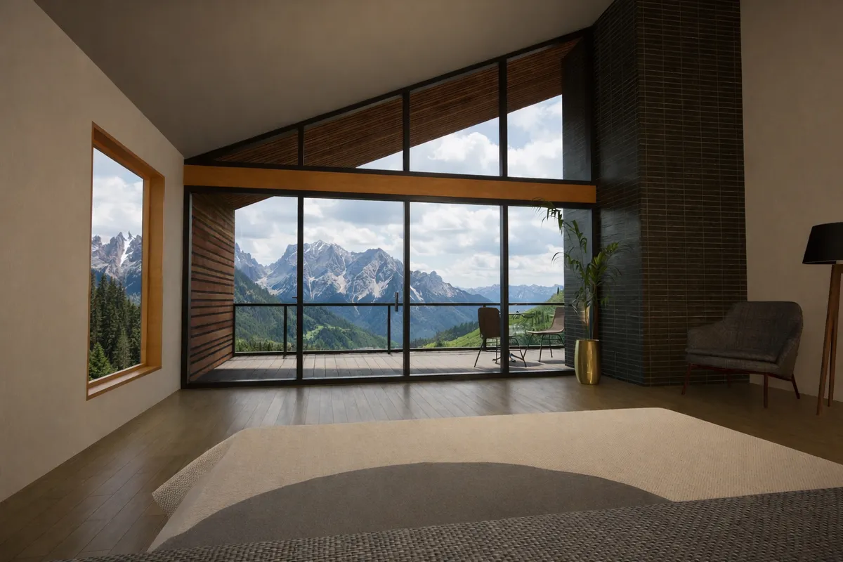 Rendering of a vaulted room with a full-height window wall facing mountain peaks