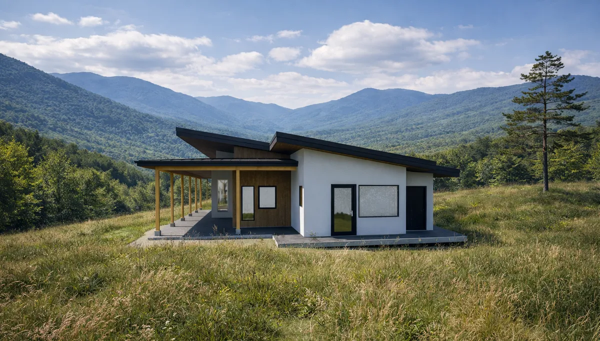 Rendering of the cabin with a long covered porch in a grassy river canyon