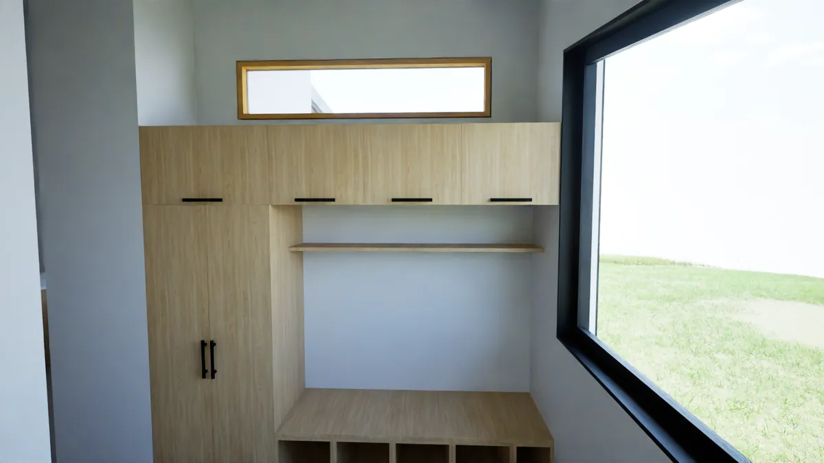 Rendering of a built-in entry bench and cabinets beside a large window