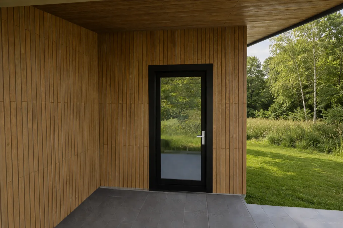 Rendering of a glass entry door in a wood-clad recessed porch