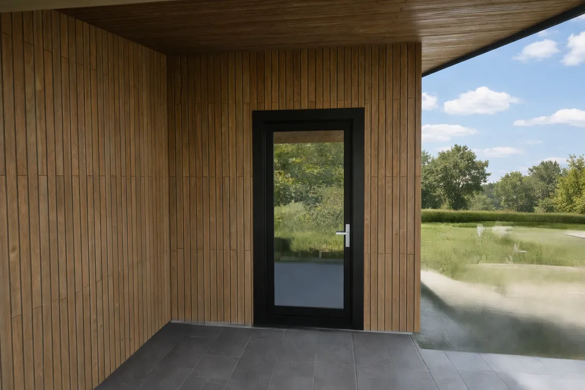 Rendering of a glass entry door in a wood-clad recessed porch overlooking a meadow