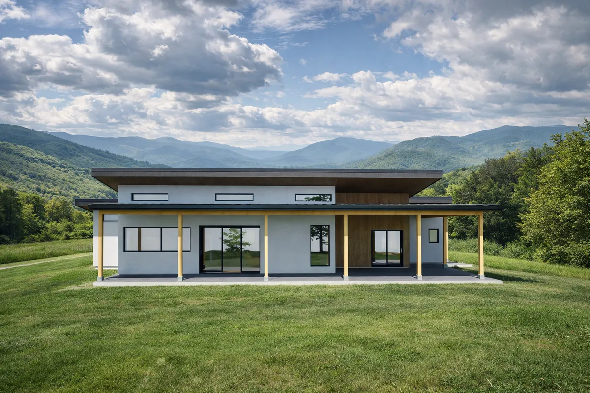 Rendering of the cabin front with a covered porch facing the canyon