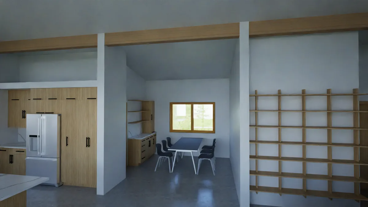Rendering of the kitchen and dining area with wood cabinetry