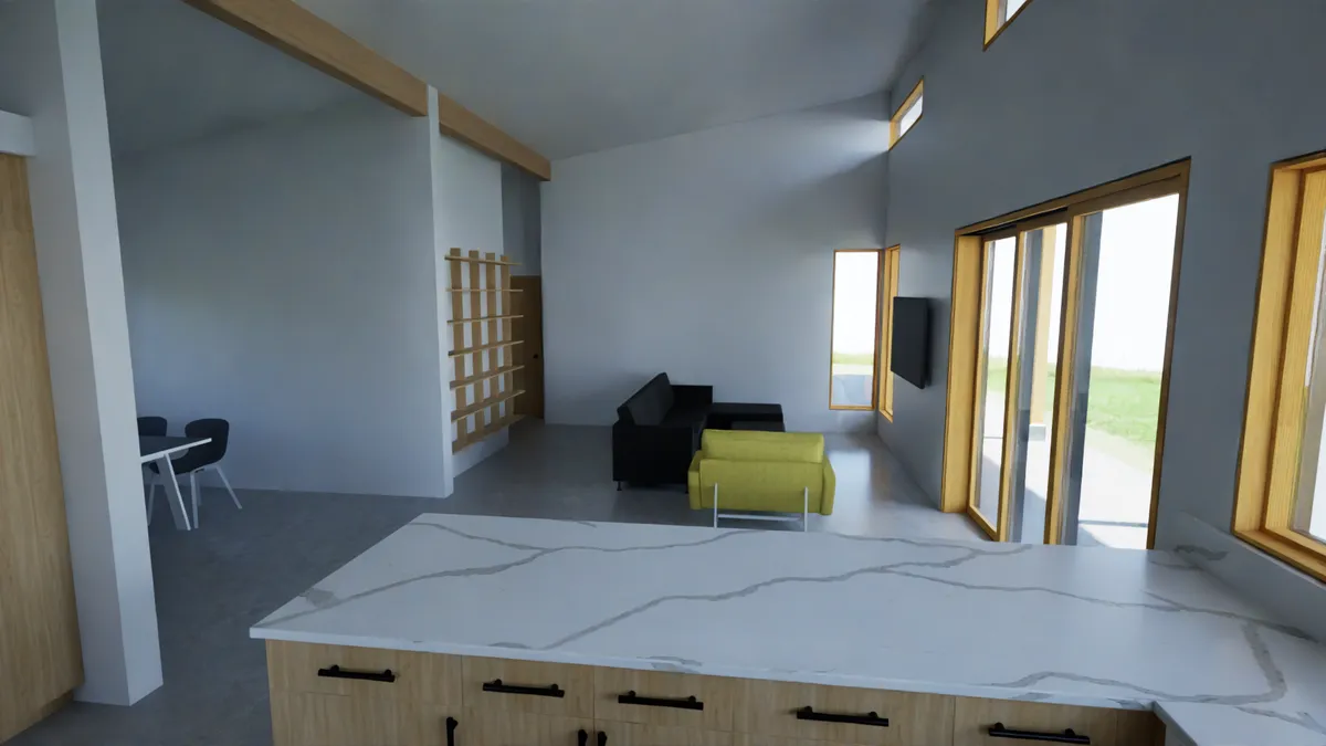 Rendering of the kitchen island looking toward the living room