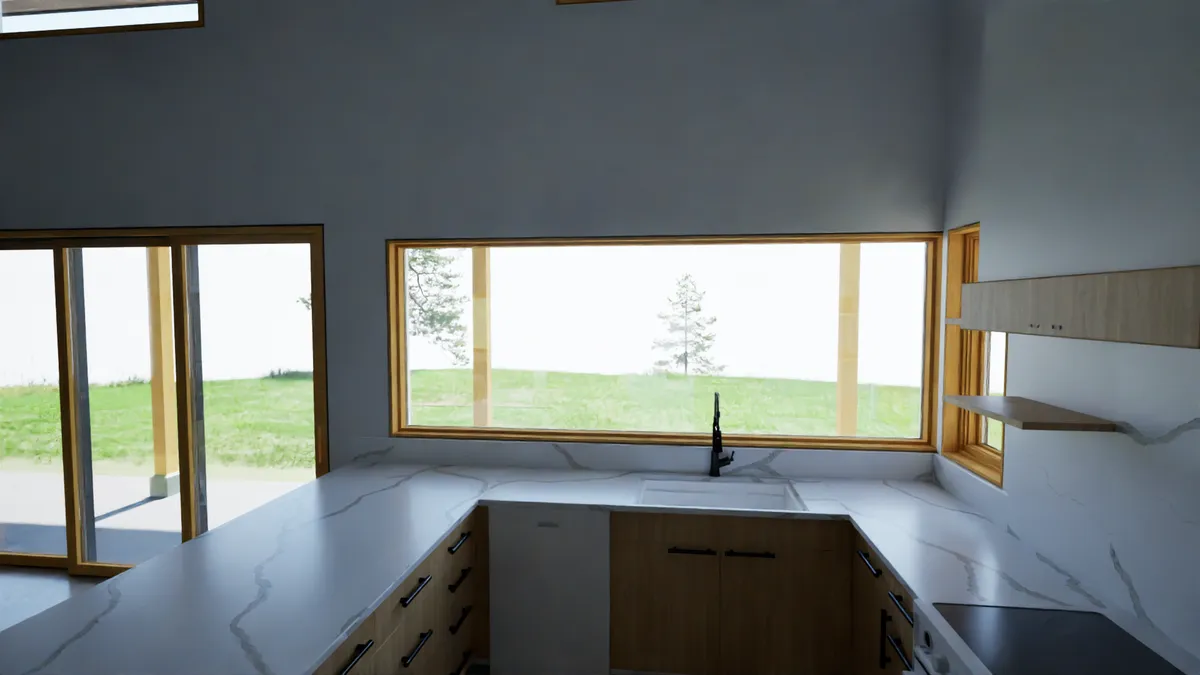 Rendering of the kitchen with a wide window over the sink