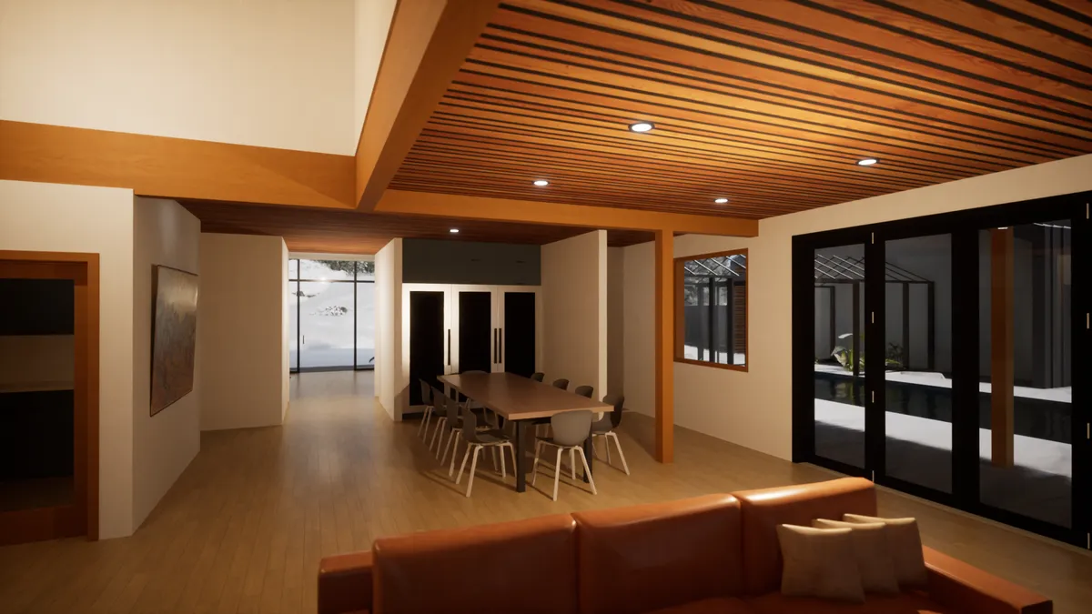 Rendering of the living and dining room under a slatted wood ceiling