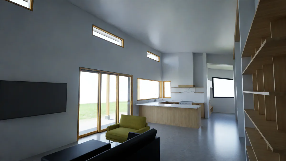 Rendering of the living room opening to the kitchen and a sliding door